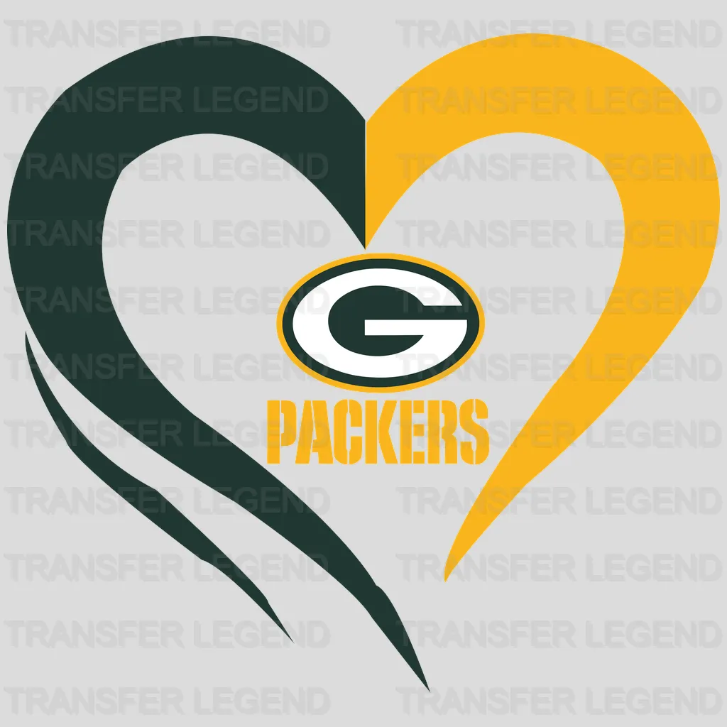 Green Bay Packers two‑tone heart with PACKERS text, NFL design - DTF Heat Transfer