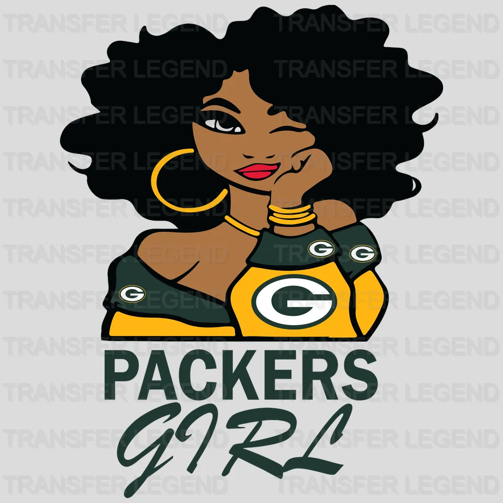 Green Bay Packers curly‑haired female fan holding football and logo, NFL design - DTF Heat Transfer