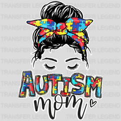 Autism Mama And Puzzle Piece- Autism Awareness And Support - Women Messy Bun  - Design - DTF heat transfer - transferlegend