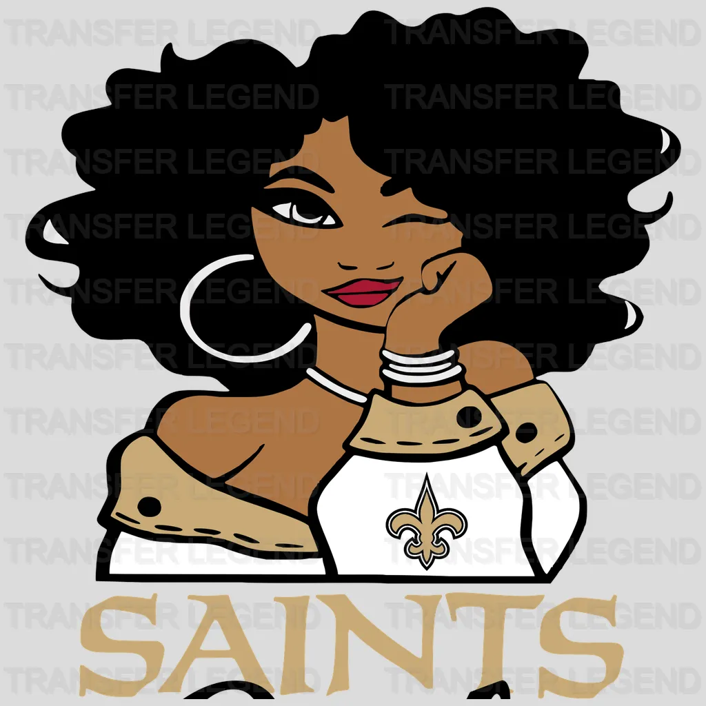 New Orleans Saints female fan character in stylish Saints attire, NFL design - DTF Heat Transfer