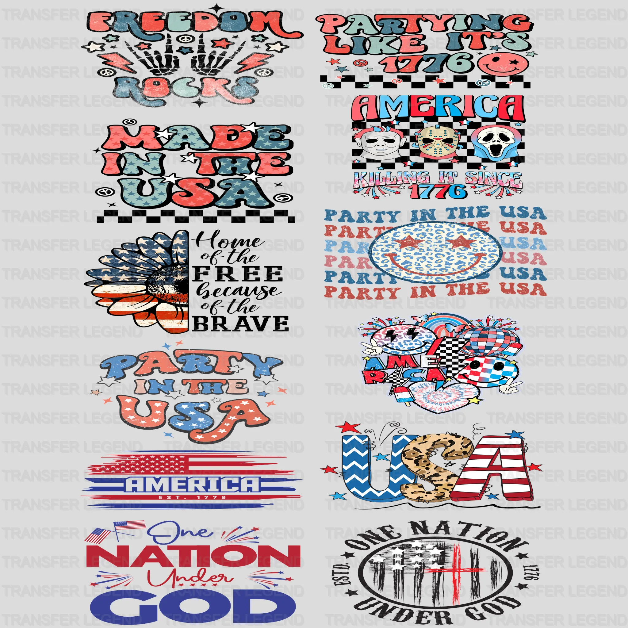 4th Of July - Premade Gang sheet - 12 PCS 10 INCH - transferlegend