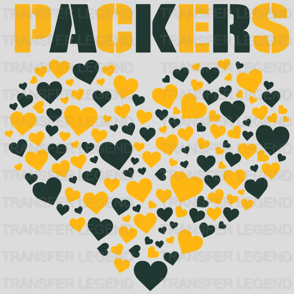 Green Bay Packers heart cluster pattern composed of small hearts, NFL design - DTF Heat Transfer