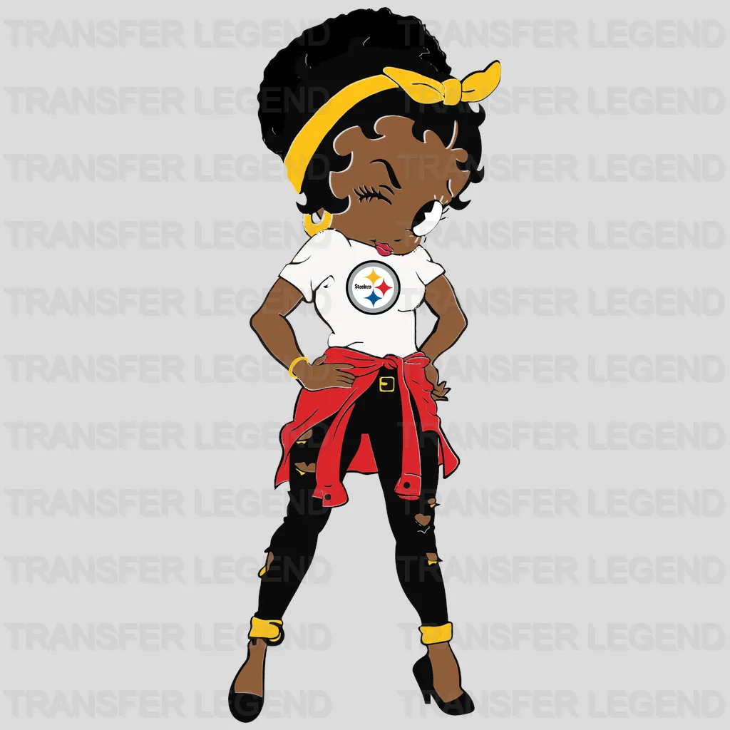 Pittsburgh Steelers standing female fan in team jersey, NFL design - DTF Heat Transfer