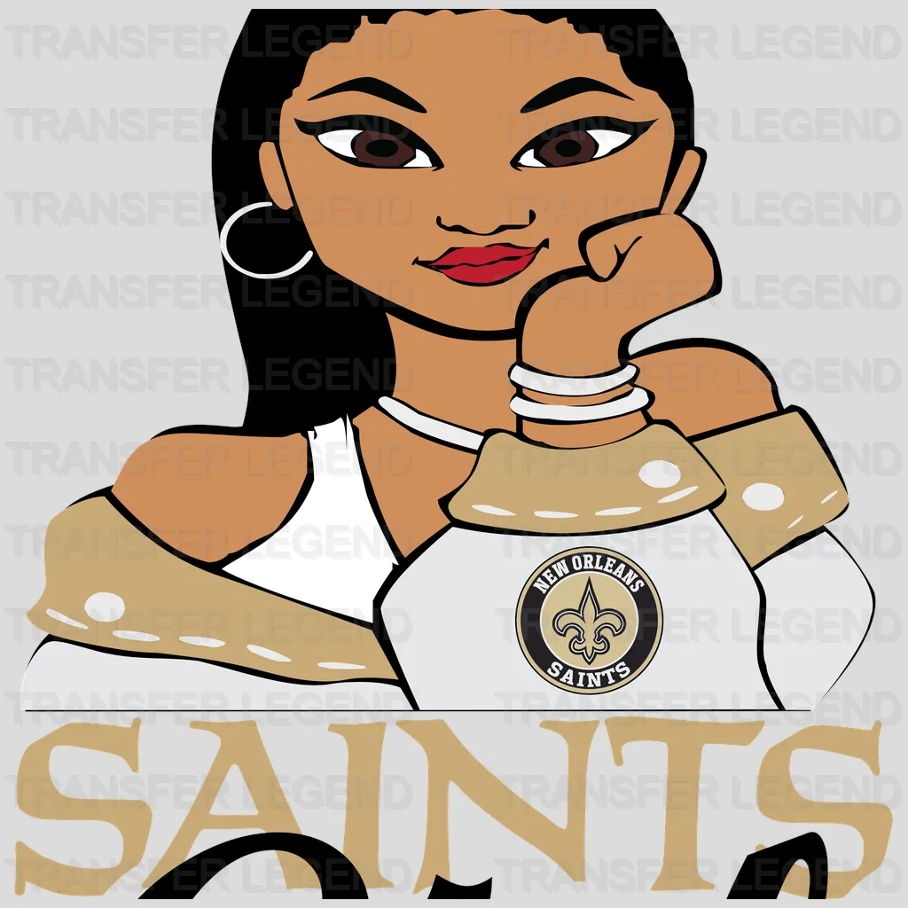 New Orleans Saints female fan character holding fleur‑de‑lis logo, NFL design - DTF Heat Transfer