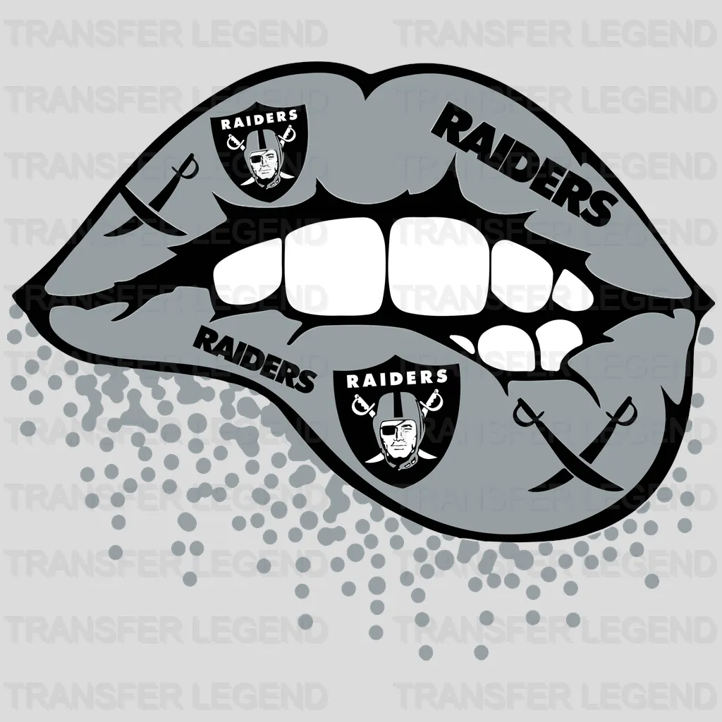 Las Vegas Raiders stylized biting lips with team shield and pixel spray effect, NFL design - DTF Heat Transfer