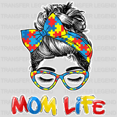 The Autistic Autism Awareness Puzzle Pieces Mom Life- Autism Awareness And Support - Women Messy Bun  - Design - DTF heat transfer - transferlegend