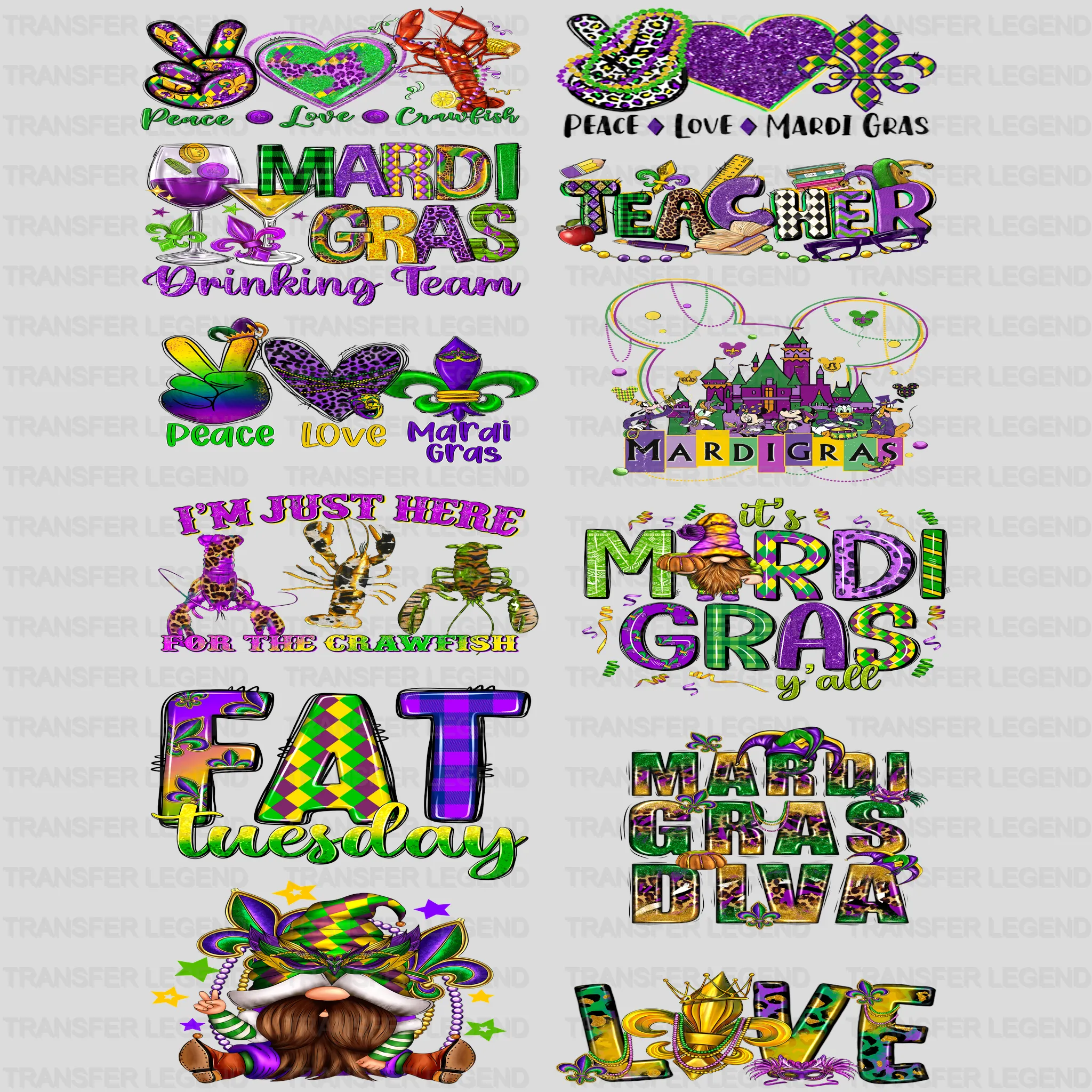 Mardi Gras Premade Gang sheet - 12 PCS 10 INCH - transferlegend