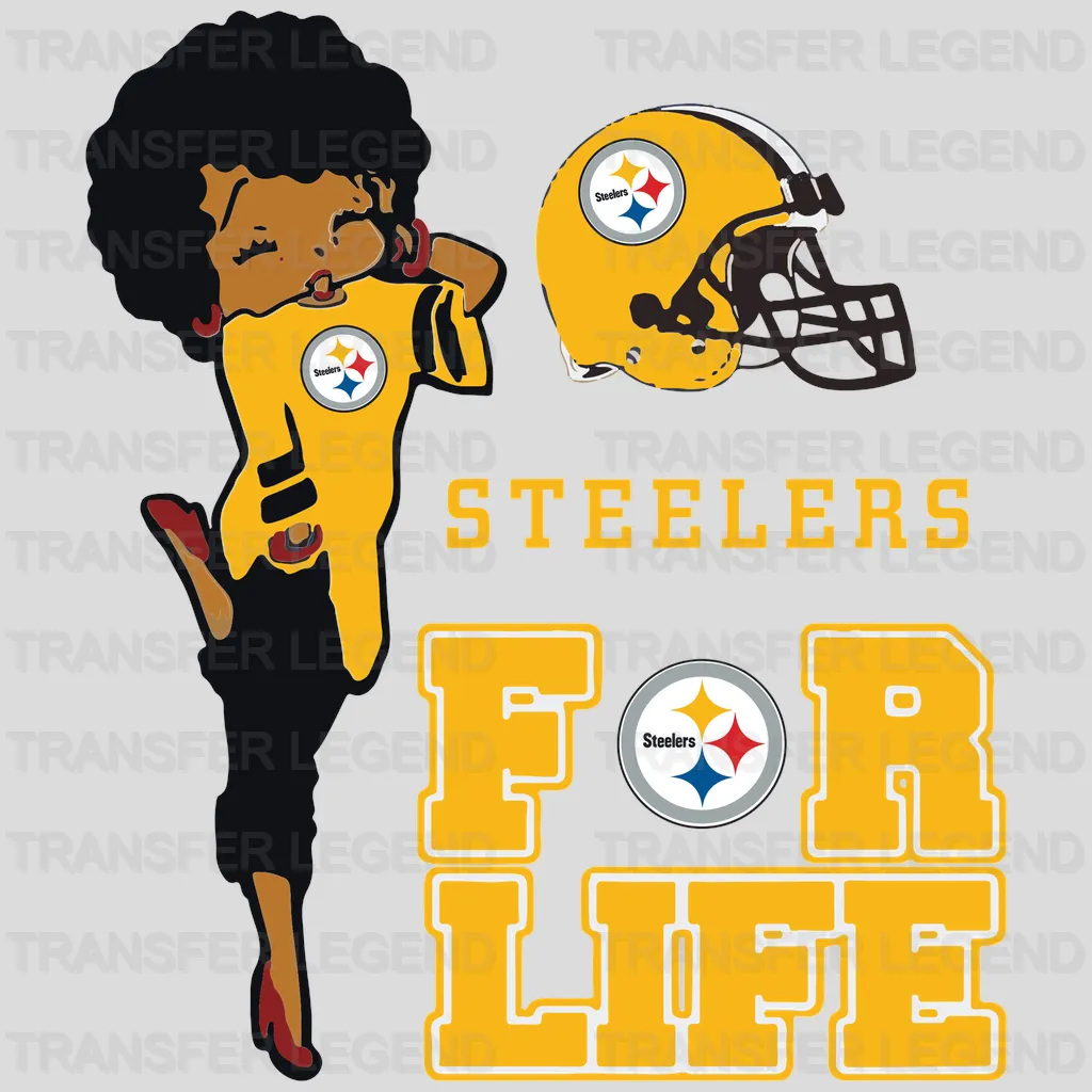 Pittsburgh Steelers female fan leaning on “For Life” slogan, NFL design - DTF Heat Transfer