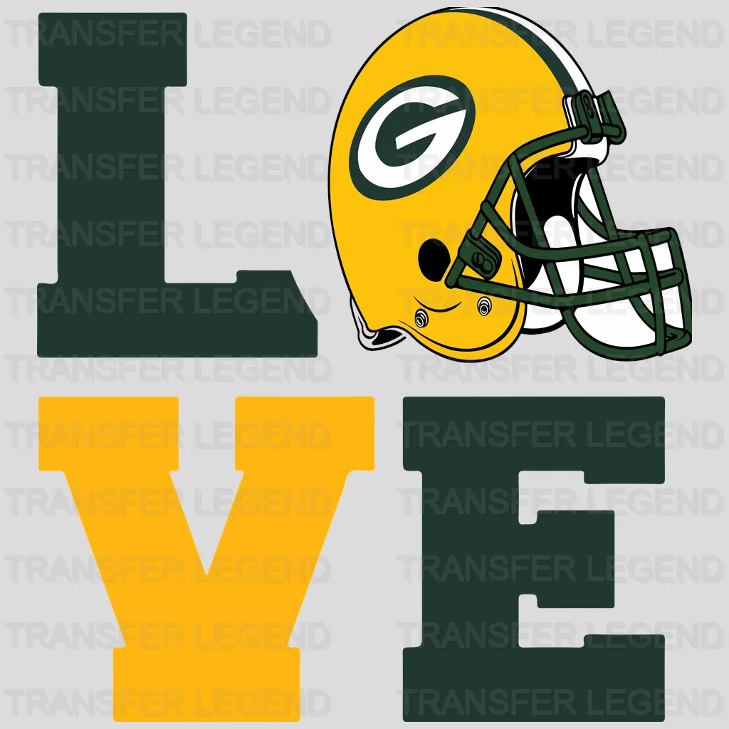 Green Bay Packers LOVE text with helmet “O” and team G logo, NFL design - DTF Heat Transfer