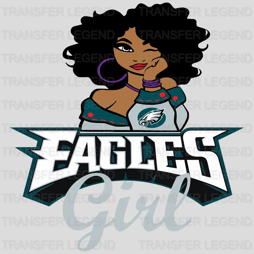 Philadelphia Eagles female fan cartoon with ‘Eagles Girl’ text, NFL design - DTF Heat Transfer