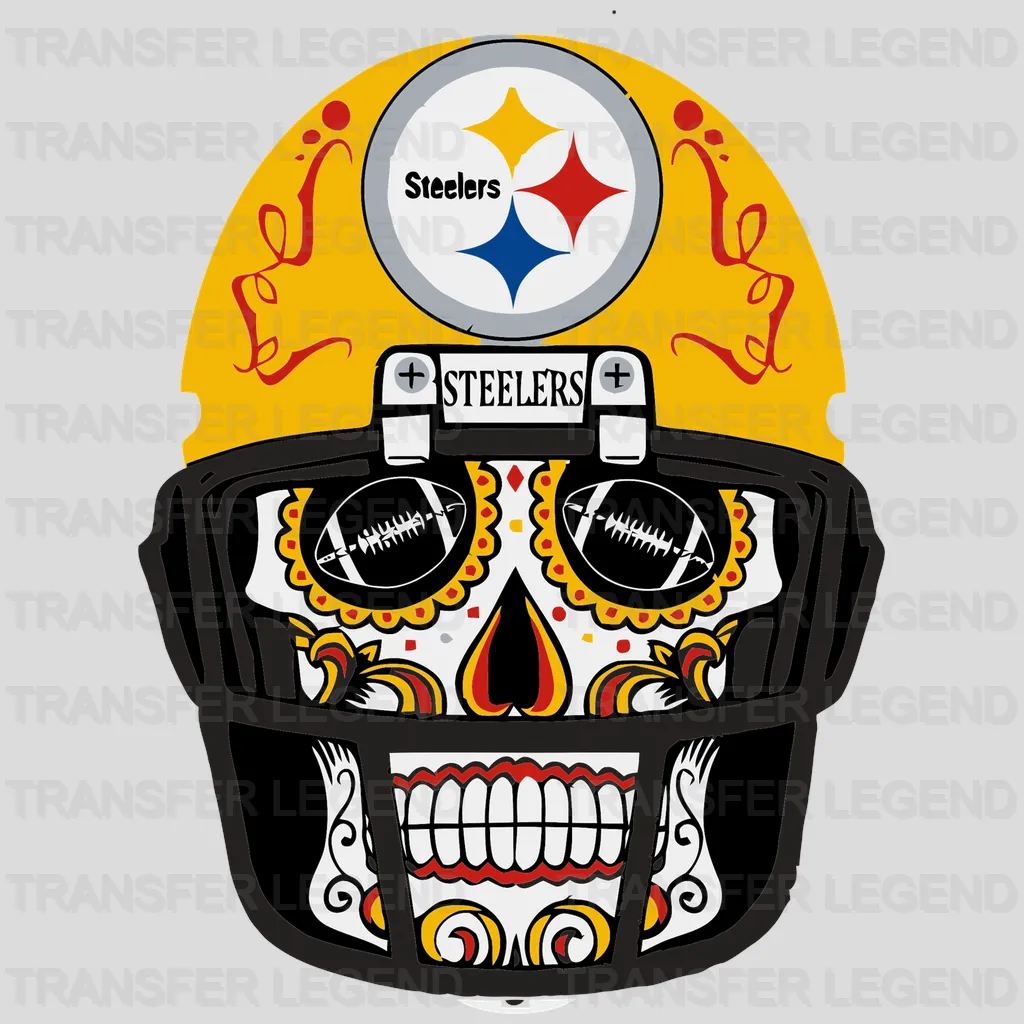 Pittsburgh Steelers skull wearing team helmet illustration, NFL design - DTF Heat Transfer