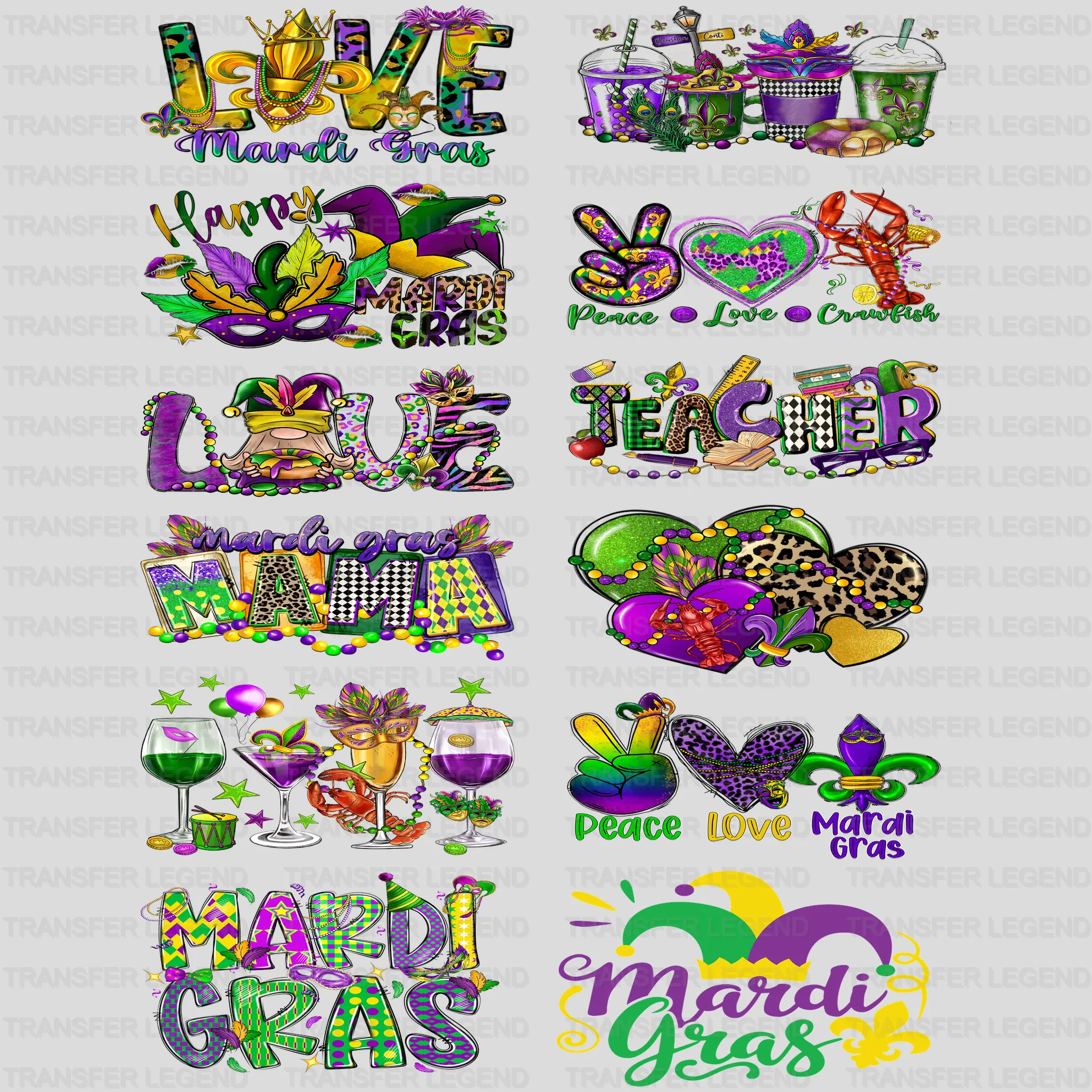 Mardi Gras Premade Gang sheet - 12 PCS 10 INCH - transferlegend