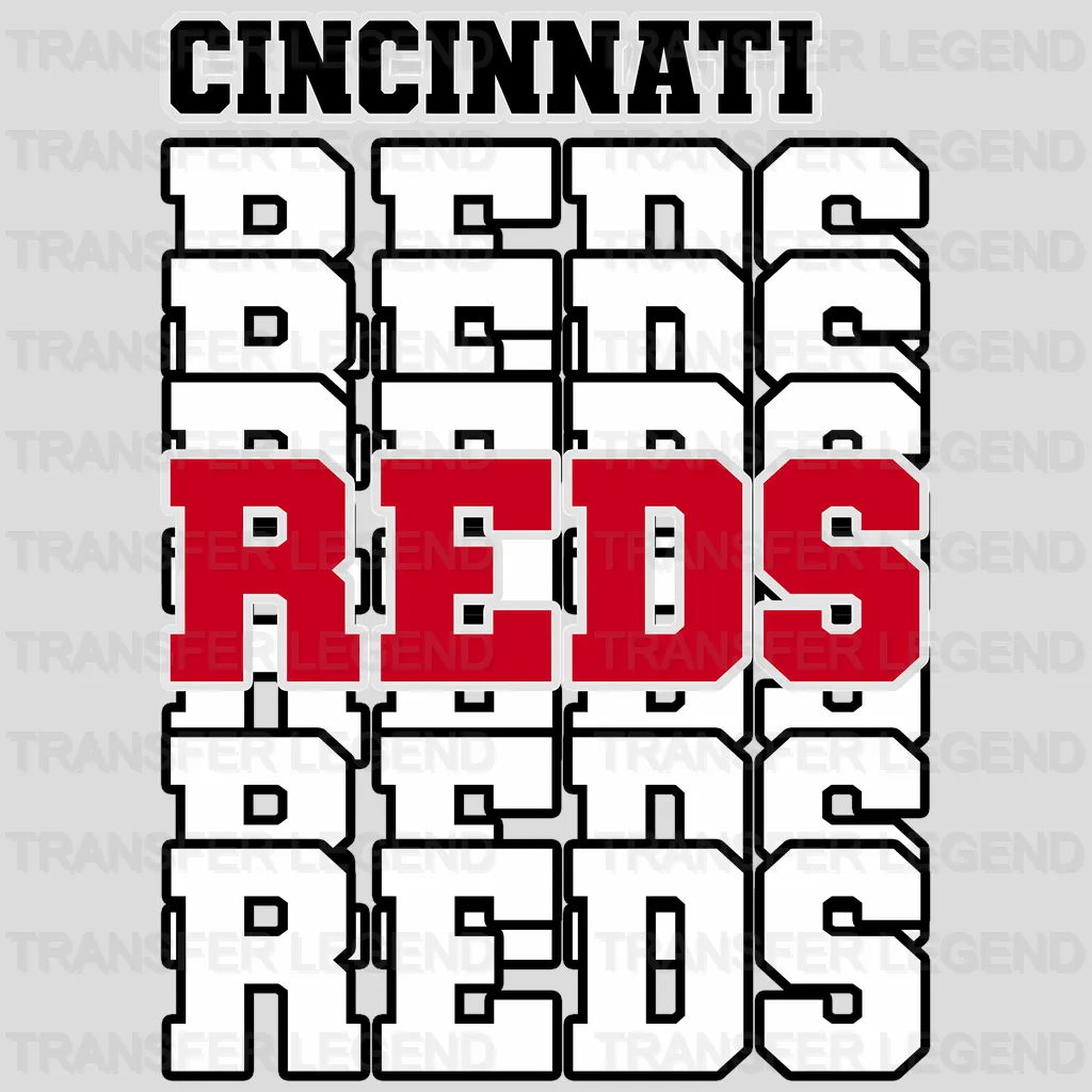 Cincinnati Reds MLB Stacked Repeated Text Pattern Logo - DTF Iron On Transfer