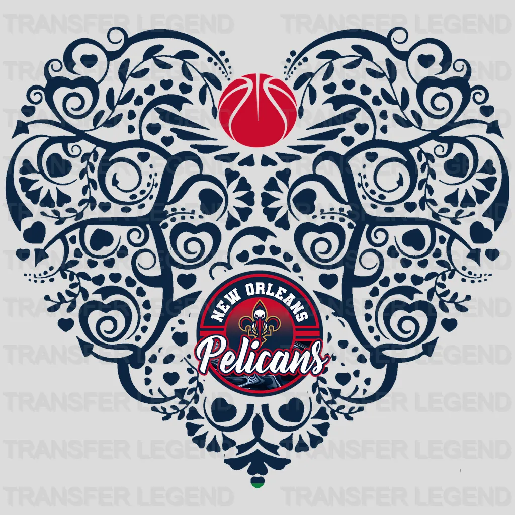 New Orleans Pelicans NBA Floral Pattern Heart Shape - DTF Iron On Transfer