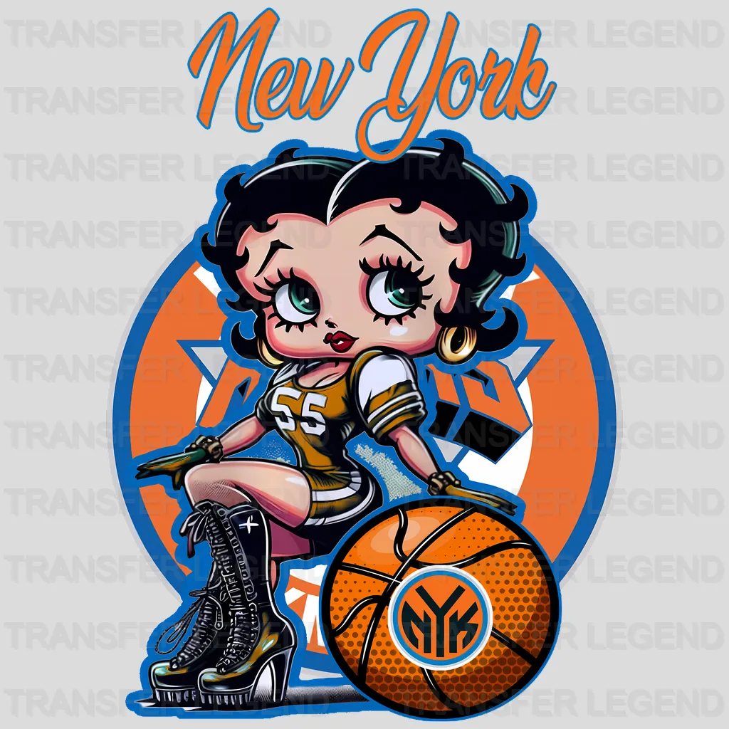 New York Knicks NBA Cute Cartoon Girl Sitting On V2 - DTF Iron On Transfer