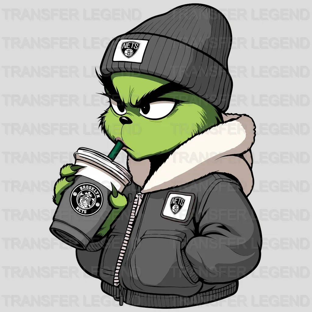 Brooklyn Nets NBA The Grinch Drinking Coffee - DTF Iron On Transfer