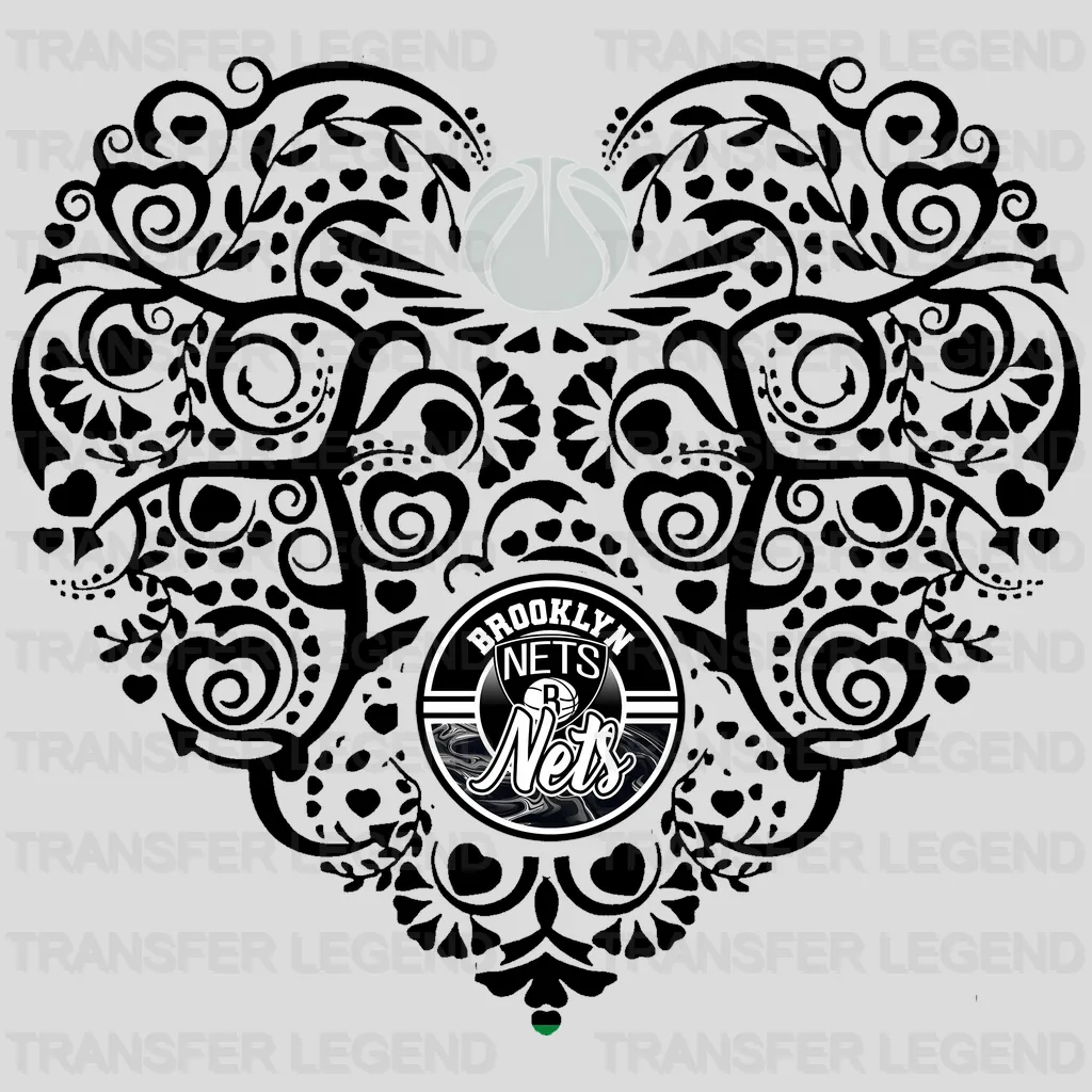 Brooklyn Nets NBA Floral Pattern Heart Shape - DTF Iron On Transfer