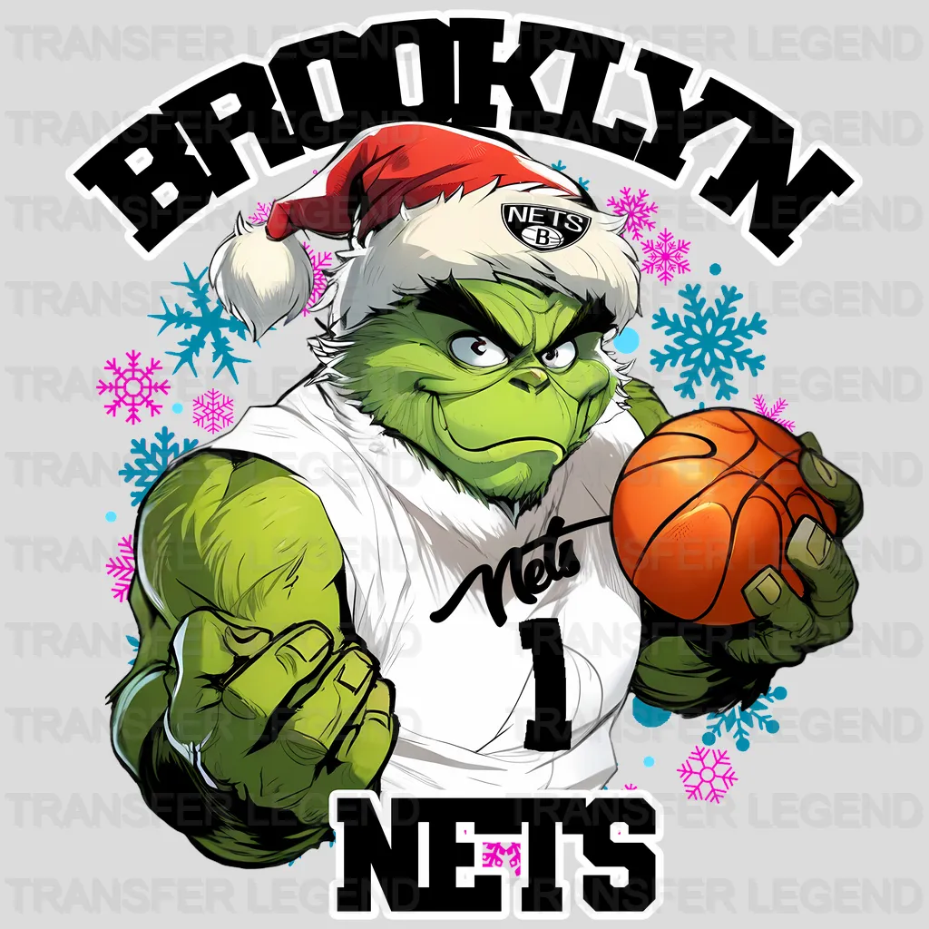Brooklyn Nets NBA Grinch Christmas Santa Hat Art - DTF Iron On Transfer
