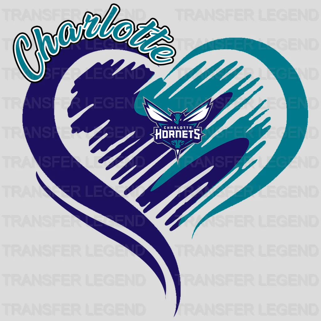 Charlotte Hornets NBA Elegant Heart Swirl With Script Text - DTF Iron On Transfer