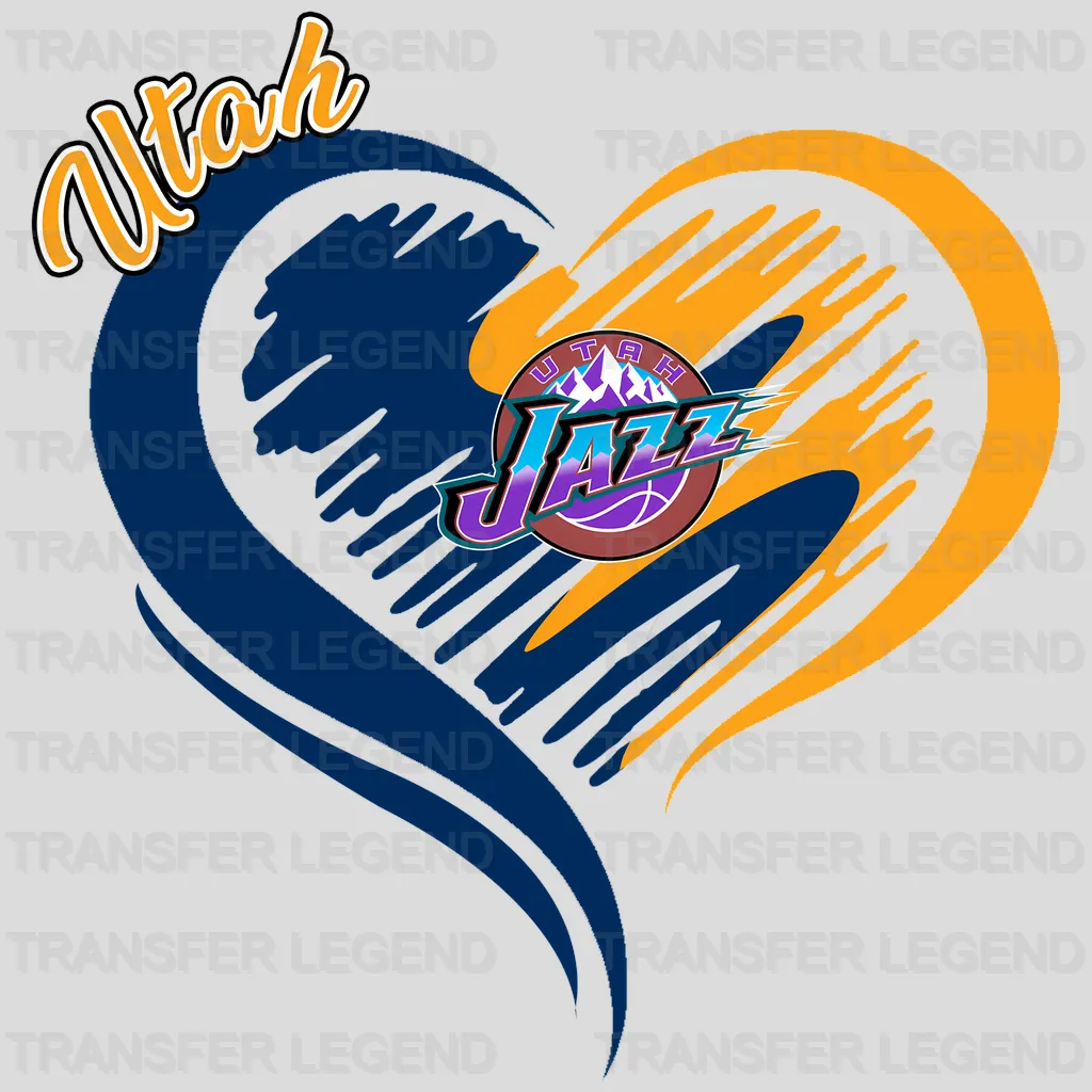 Utah Jazz NBA Elegant Heart Swirl With Script Text - DTF Iron On Transfer