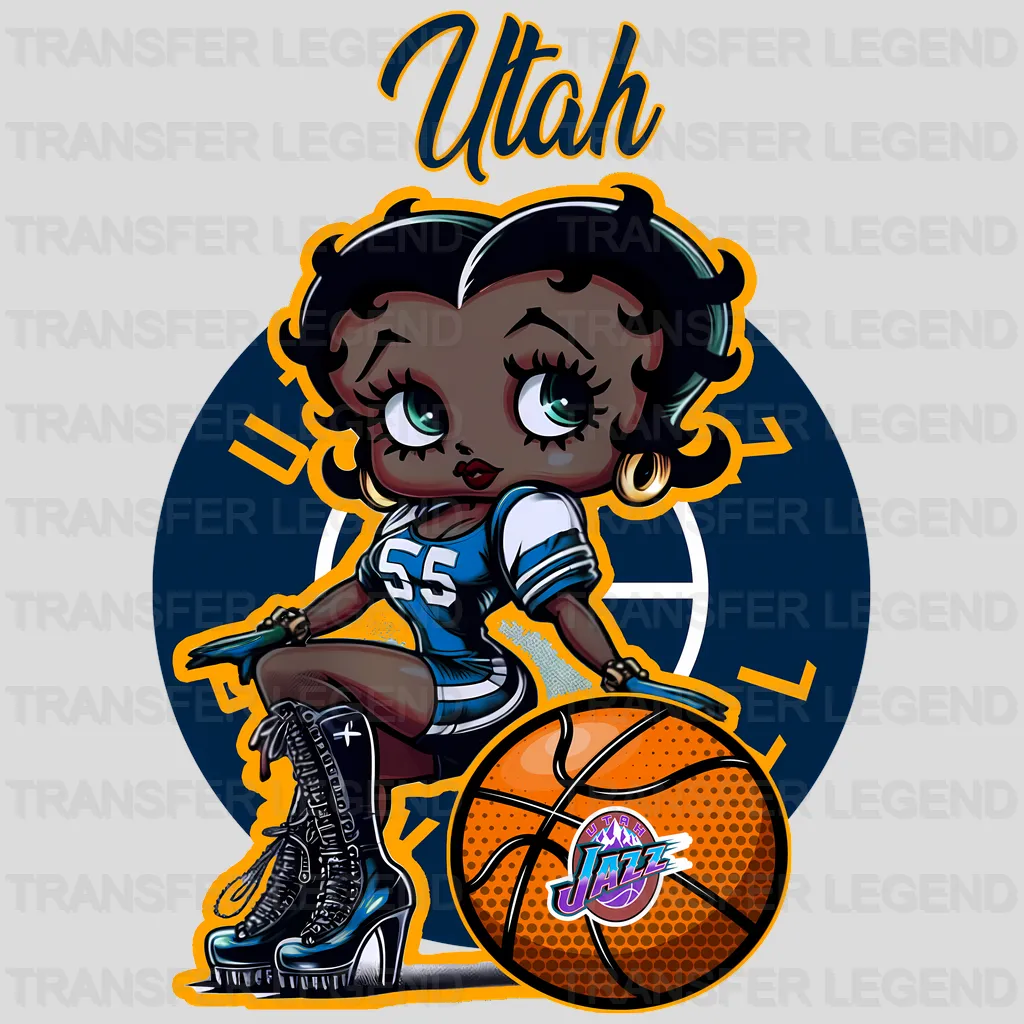 Utah Jazz NBA Cute Cartoon Girl Sitting On V2 - DTF Iron On Transfer