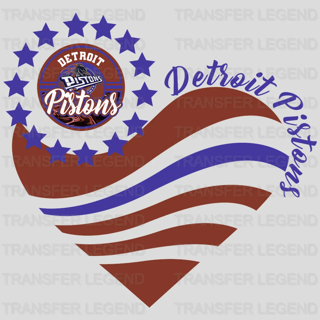 Detroit Pistons NBA Heart Shape Retro Wavy Lines Graphic - DTF Iron On Transfer