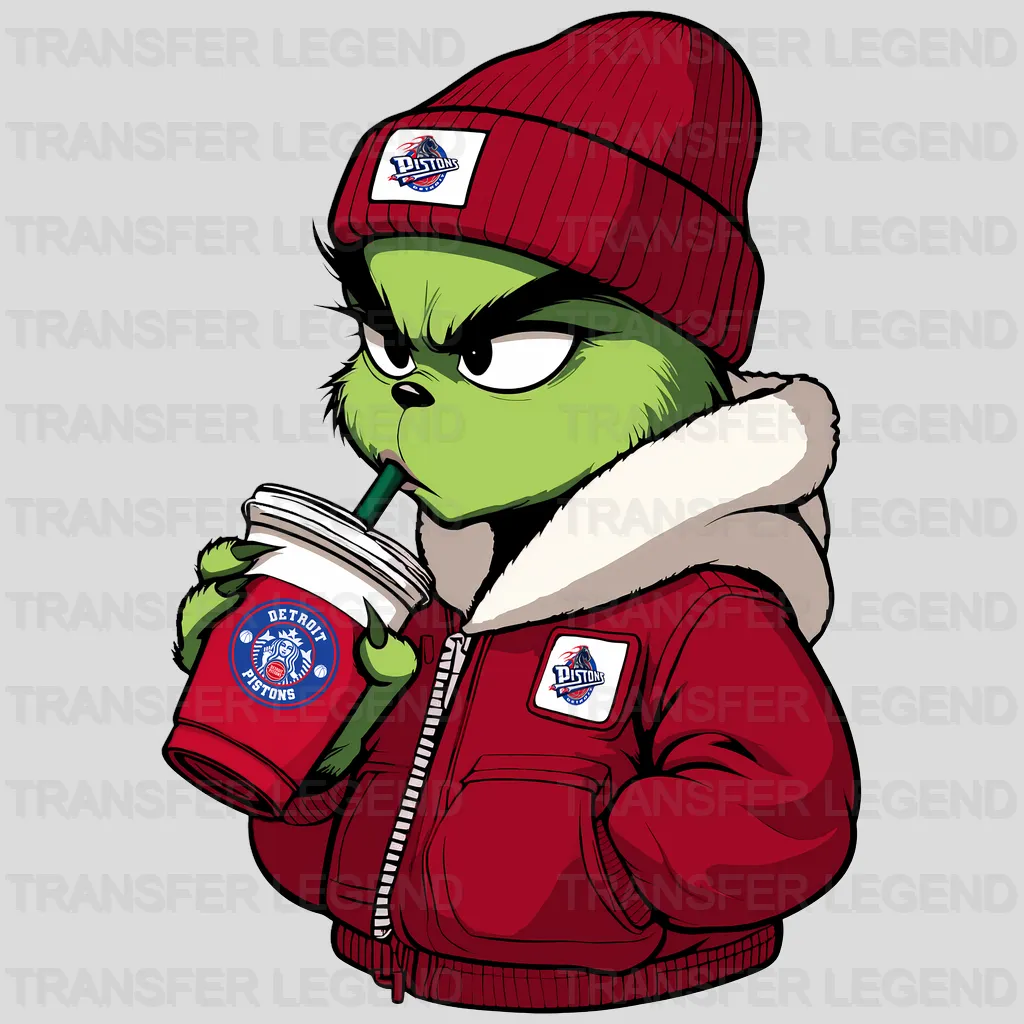 Detroit Pistons NBA The Grinch Drinking Coffee - DTF Iron On Transfer
