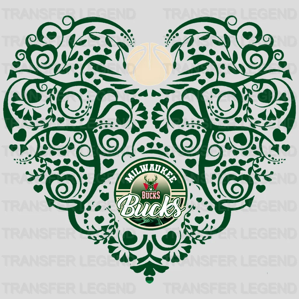 Milwaukee Bucks NBA Floral Pattern Heart Shape - DTF Iron On Transfer