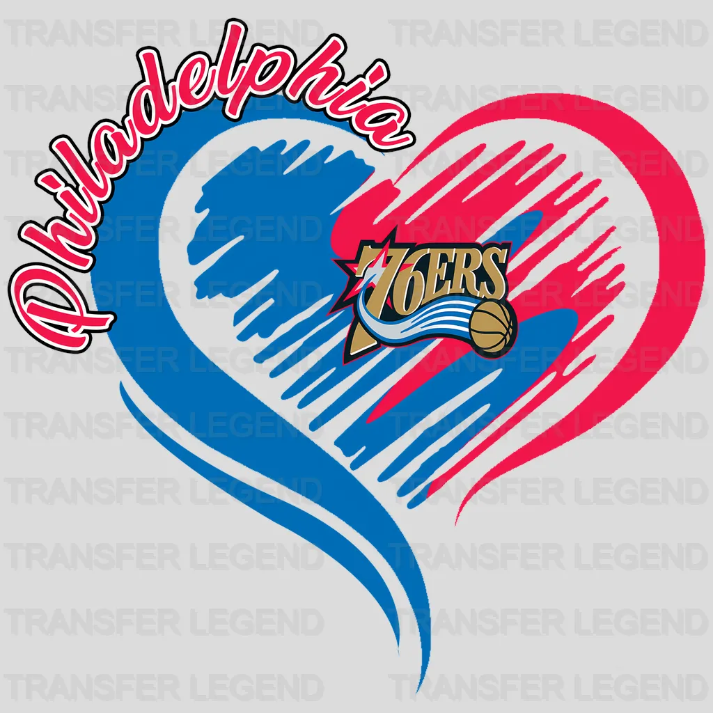 Philadelphia 76ers NBA Elegant Heart Swirl With Script Text - DTF Iron On Transfer