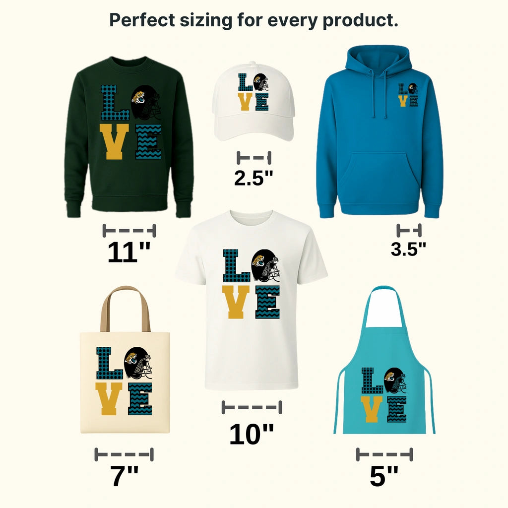 Jacksonville Jaguars LOVE Block Wordmark with Mini Head NFL Design - DTF Heat Transfer