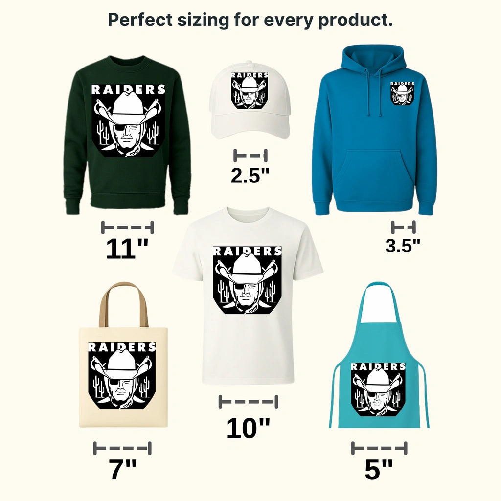 Las Vegas Raiders cowboy mascot head with hat and crossed swords, NFL design - DTF Heat Transfer