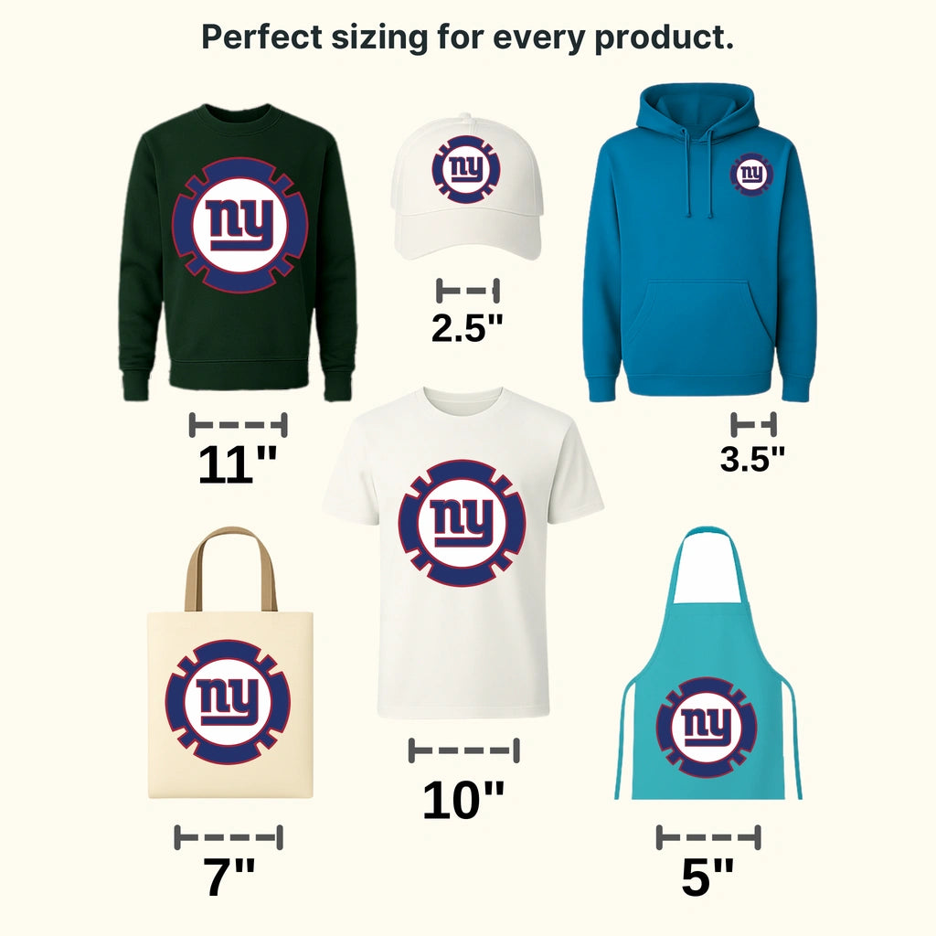 New York Giants cog‑style circle with “NY” inside, NFL design - DTF Heat Transfer