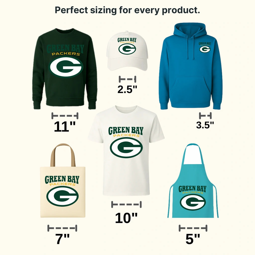 Green Bay Packers arched GREEN BAY PACKERS text above team G logo, NFL design - DTF Heat Transfer