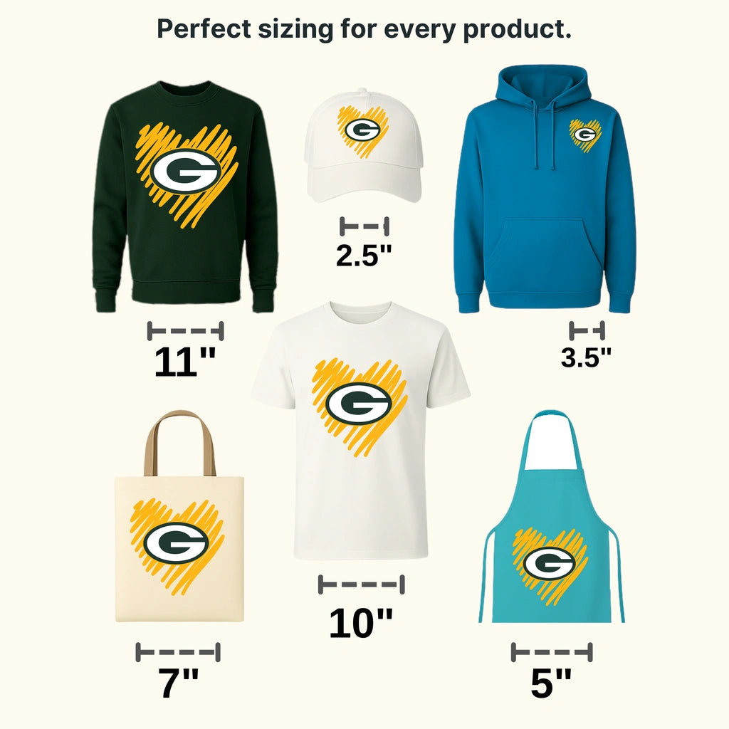 Green Bay Packers heart‑shaped scribble art framing team G logo, NFL design - DTF Heat Transfer