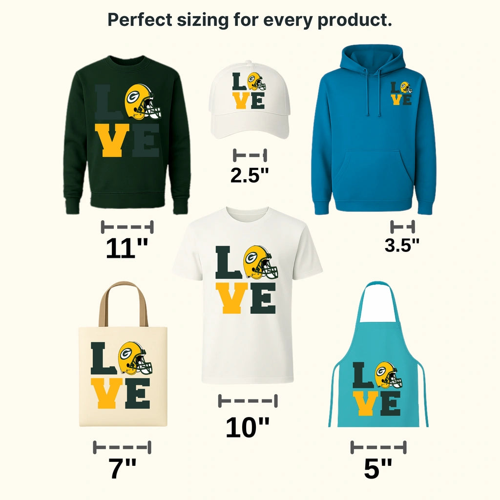 Green Bay Packers LOVE text with helmet “O” and team G logo, NFL design - DTF Heat Transfer