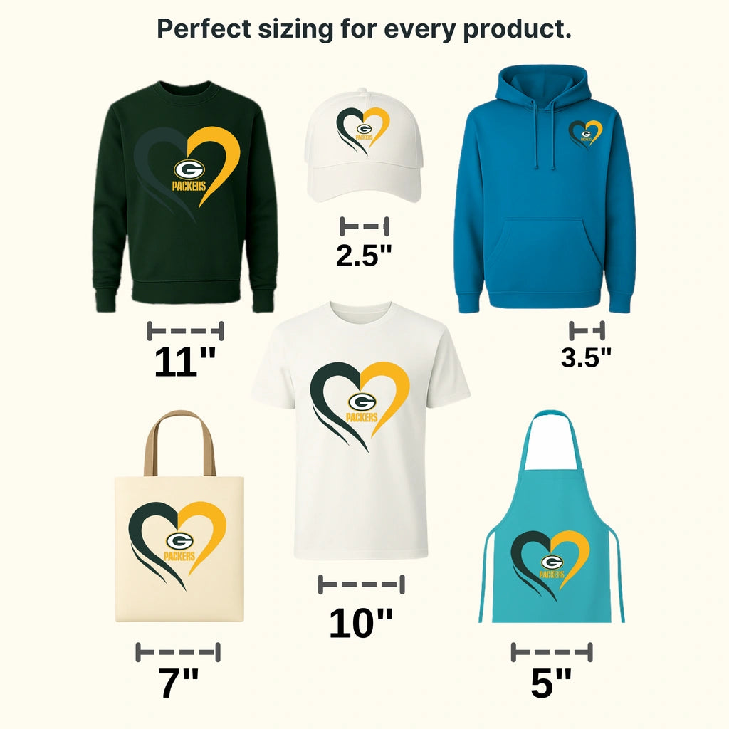 Green Bay Packers two‑tone heart with PACKERS text, NFL design - DTF Heat Transfer