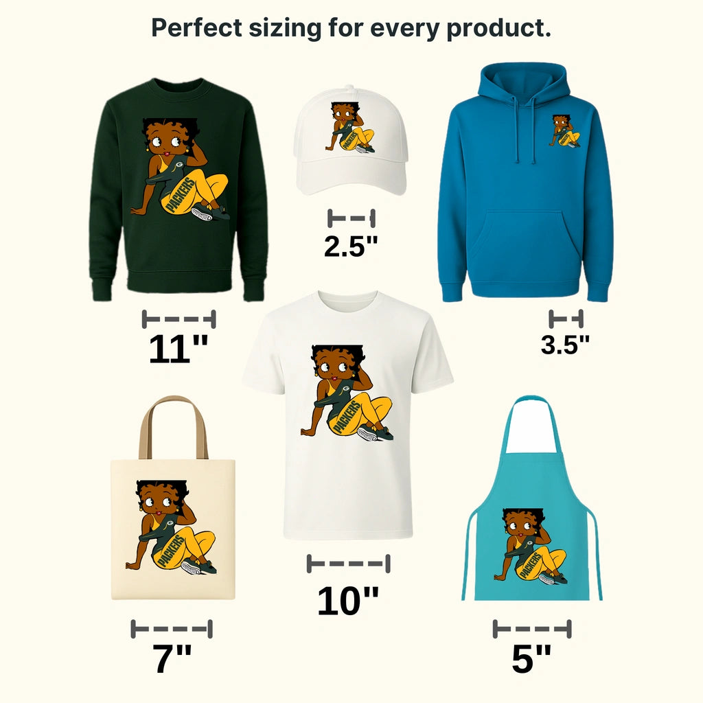 Green Bay Packers female fan character seated in team colors, NFL design - DTF Heat Transfer