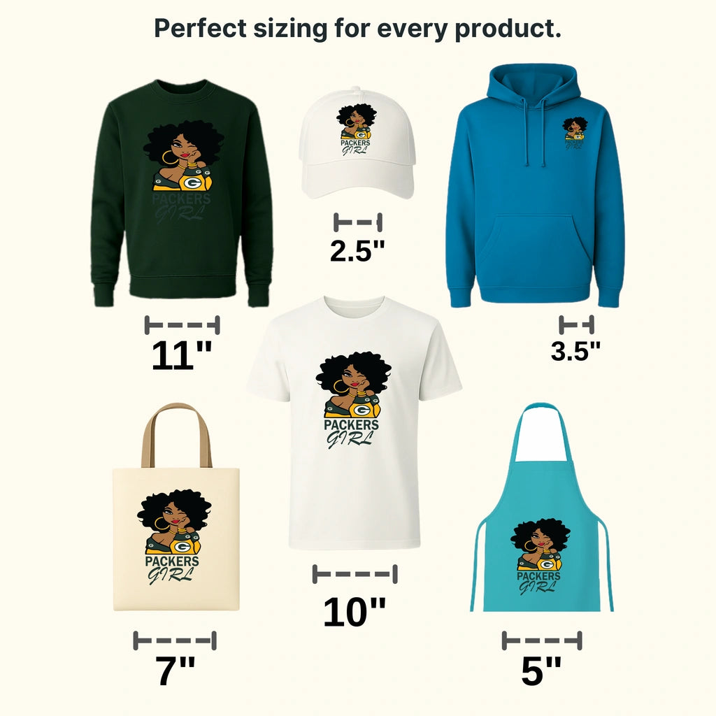 Green Bay Packers curly‑haired female fan holding football and logo, NFL design - DTF Heat Transfer