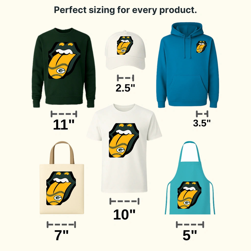 Green Bay Packers Rolling Stones style tongue mashup with team G, NFL design - DTF Heat Transfer