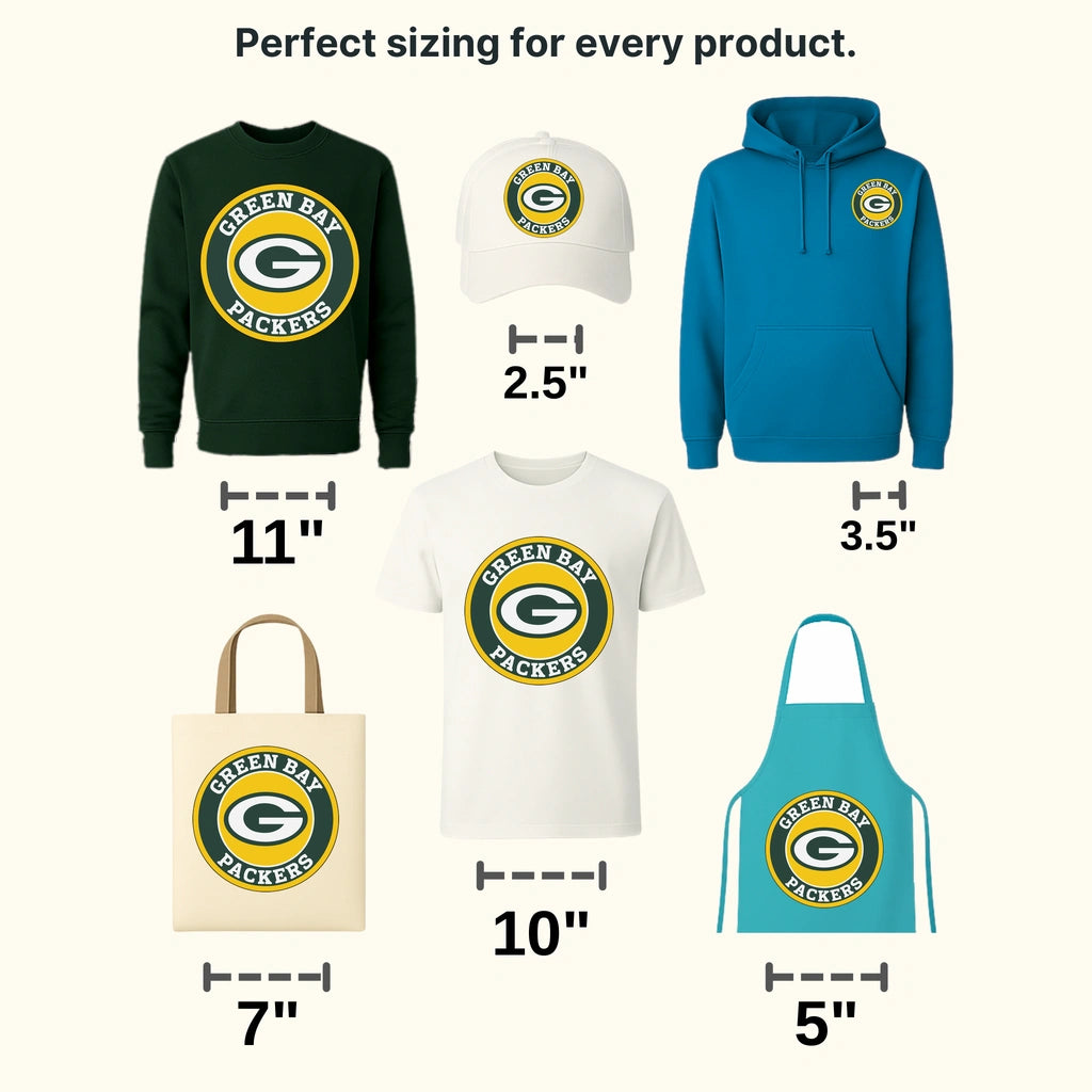 Green Bay Packers circular badge with “Green Bay Packers” and G logo, NFL design - DTF Heat Transfer