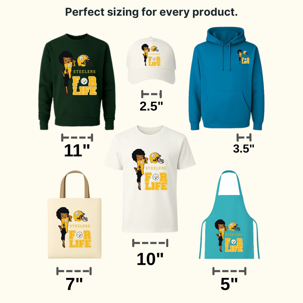 Pittsburgh Steelers female fan leaning on “For Life” slogan, NFL design - DTF Heat Transfer