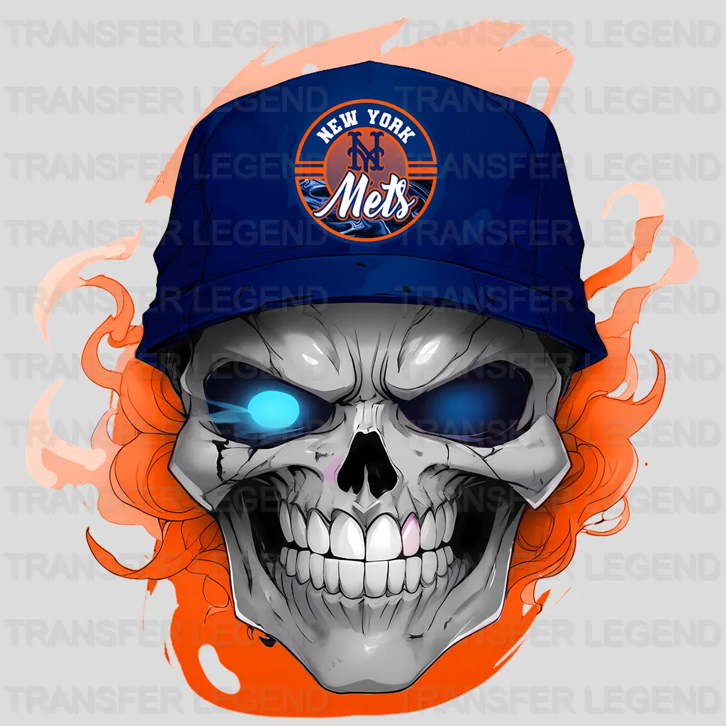 New York Mets MLB Orange Skull With Helmet Art - DTF Iron On Transfer