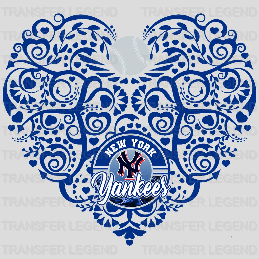 New York Yankees MLB Blue Floral Pattern Heart Shape - DTF Iron On Transfer