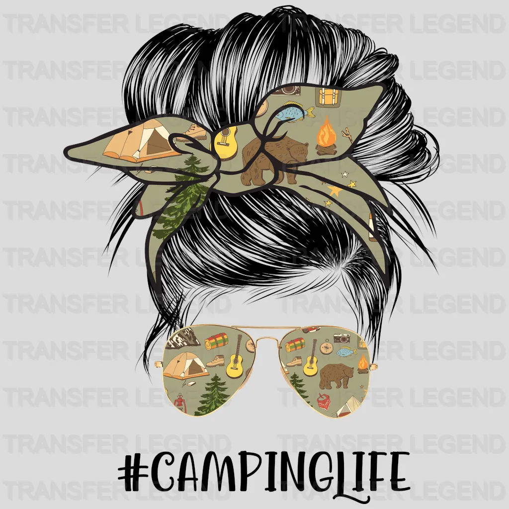 Camping Life - Girl With Messy Bun Design - DTF heat transfer - transferlegend