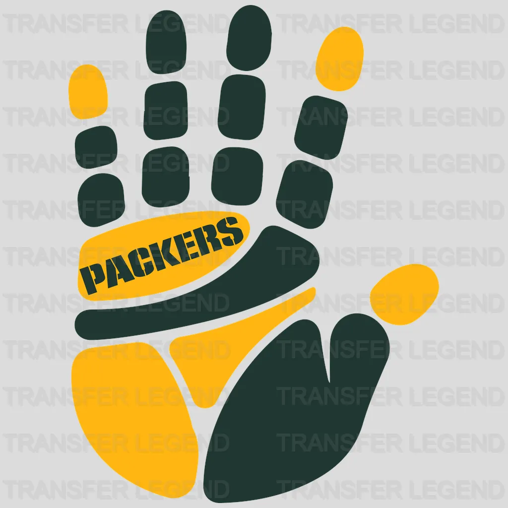 Green Bay Packers handprint graphic with “PACKERS” on palm, NFL design - DTF Heat Transfer