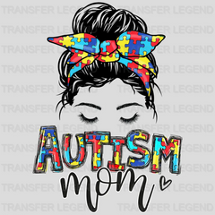 Autism Mama And Puzzle Piece- Autism Awareness And Support - Women Messy Bun  - Design - DTF heat transfer - transferlegend