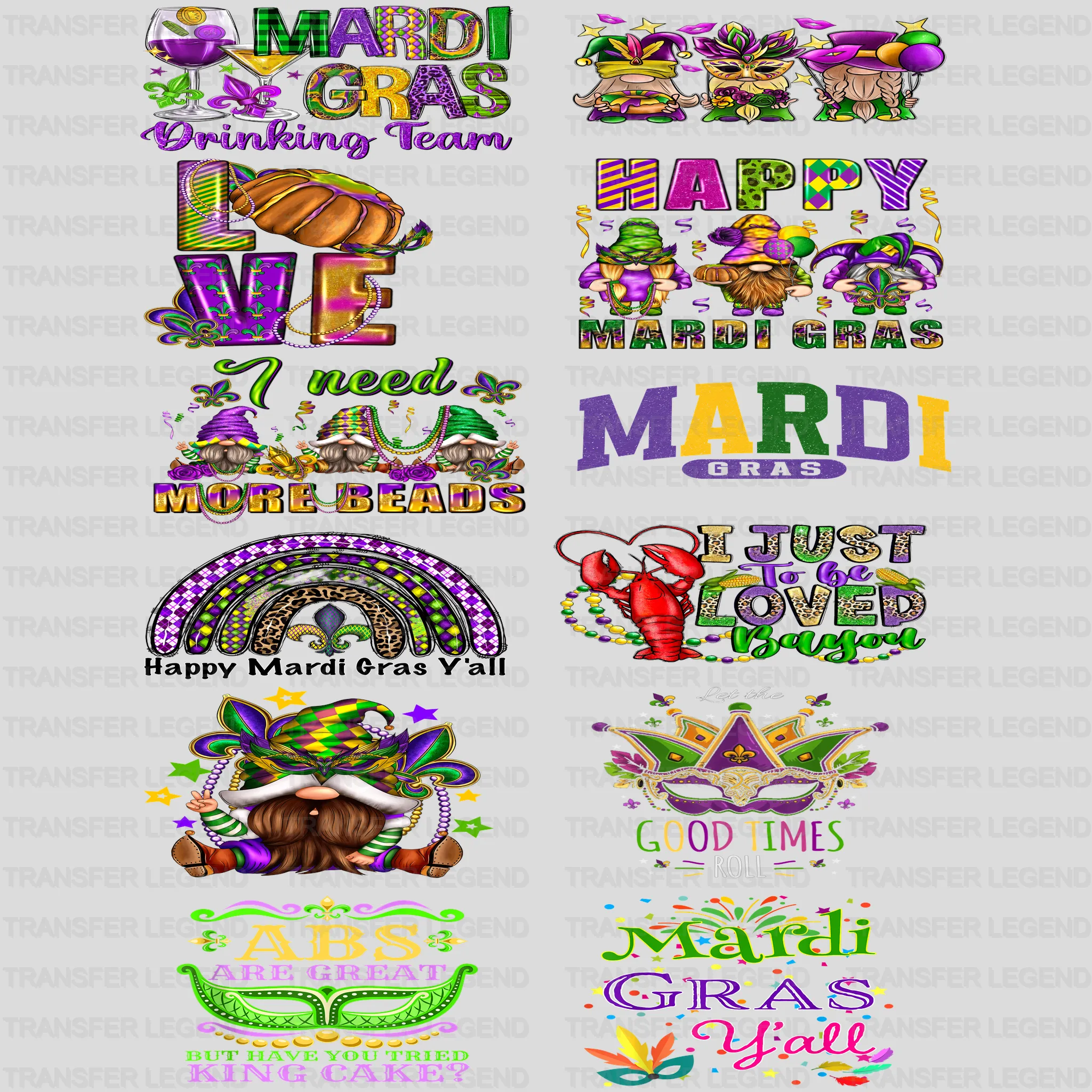 Mardi Gras Premade Gang sheet - 12 PCS 10 INCH - transferlegend