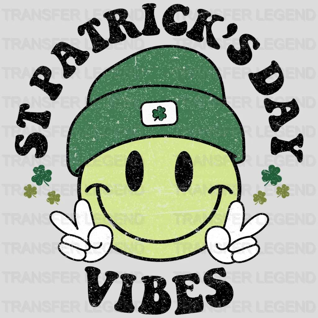 Retro Smiley Face St. Patrick's Day Vibes Distressed Design - DTF heat transfer - transferlegend