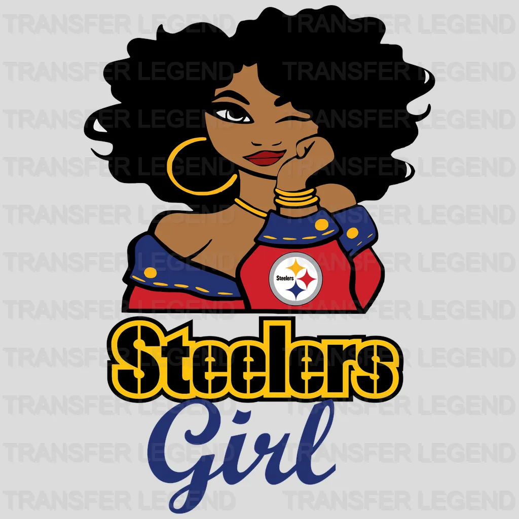 Pittsburgh Steelers female fan character holding logo, NFL design - DTF Heat Transfer