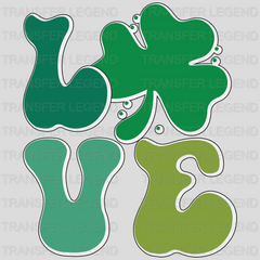 Multi Colored Green LOVE Text, stacked St. Patrick's Day Design - DTF Transfer - transferlegend